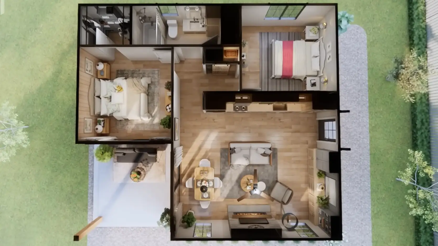 TM STUDIO small house design floor plan 33'x30' (10x9m) The Perfect Small Country House: Beautiful & Comfortable.
