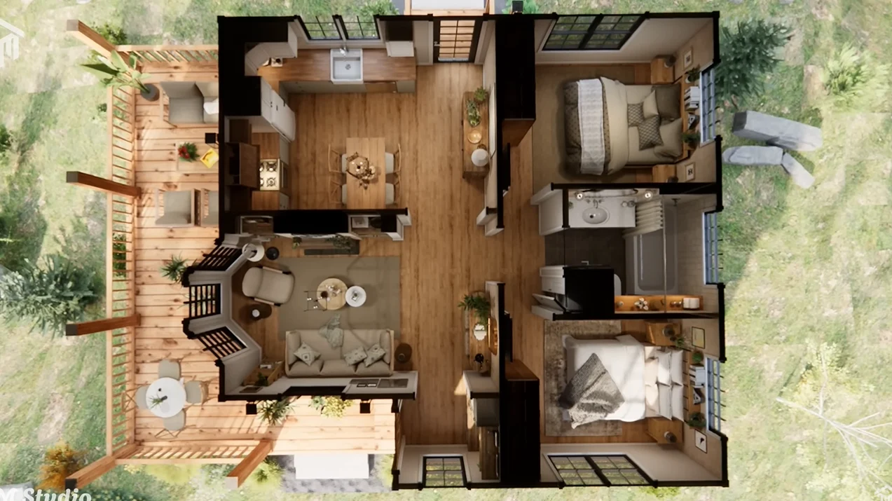 tm studio 2 bedroom cabin house plan