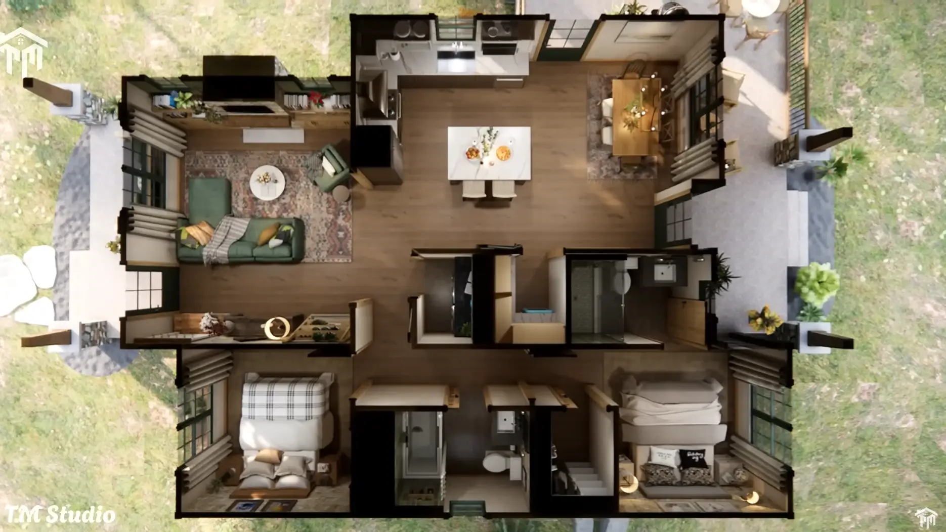 tm studio 2 bedroom house plan with 2 bathroom