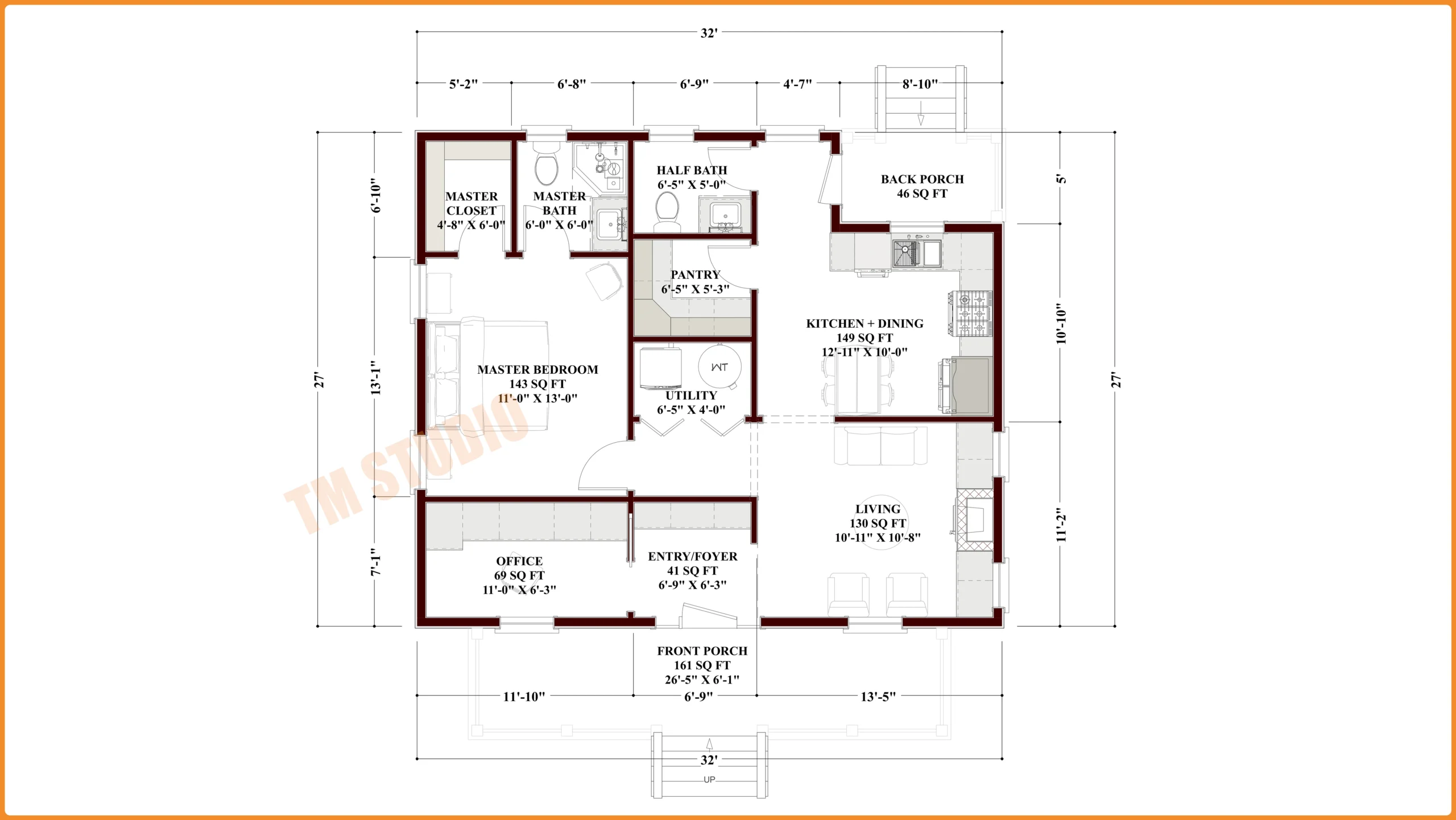 tm studio 1 bedroom cottage house plan with dimensions