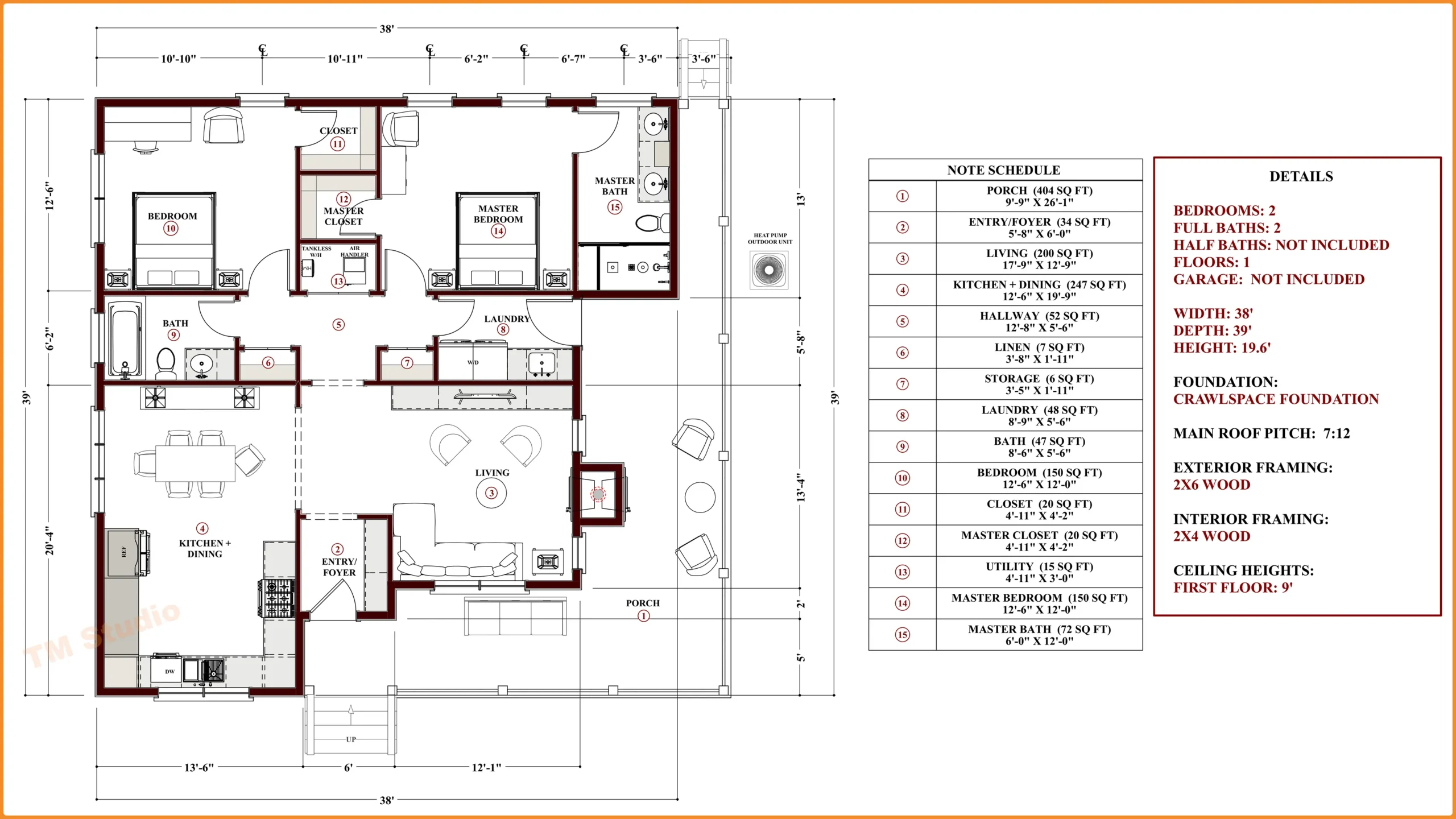 tm sstudio 2 bedroom house plan with dimensions