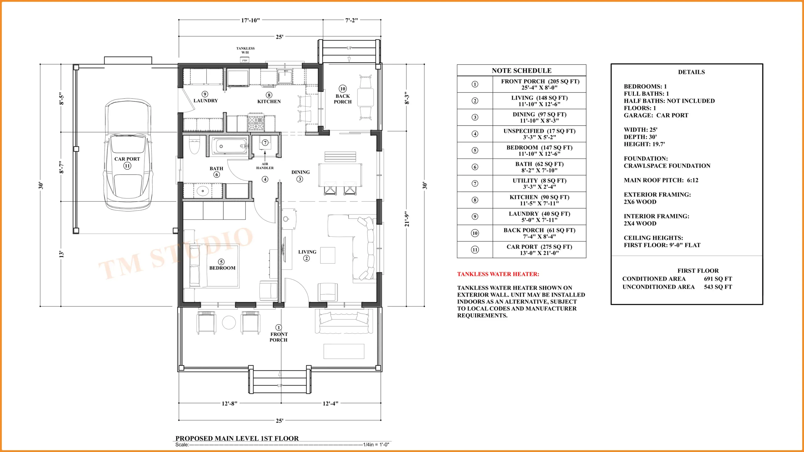 TMS-128-CF1 floor plan with details tm studio small house design
