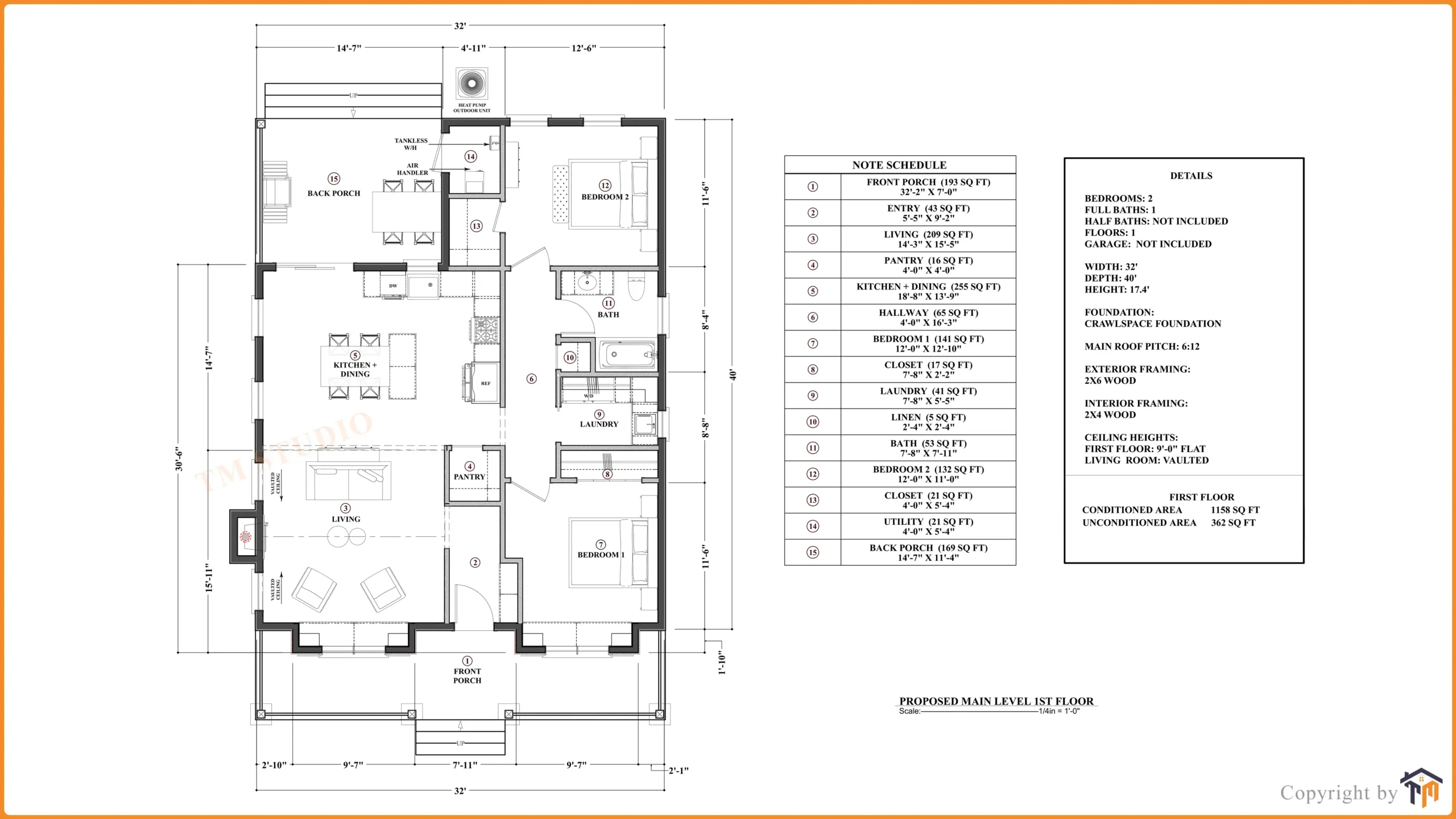 TMS-129-CF1 floor plan with details tm studio small house design